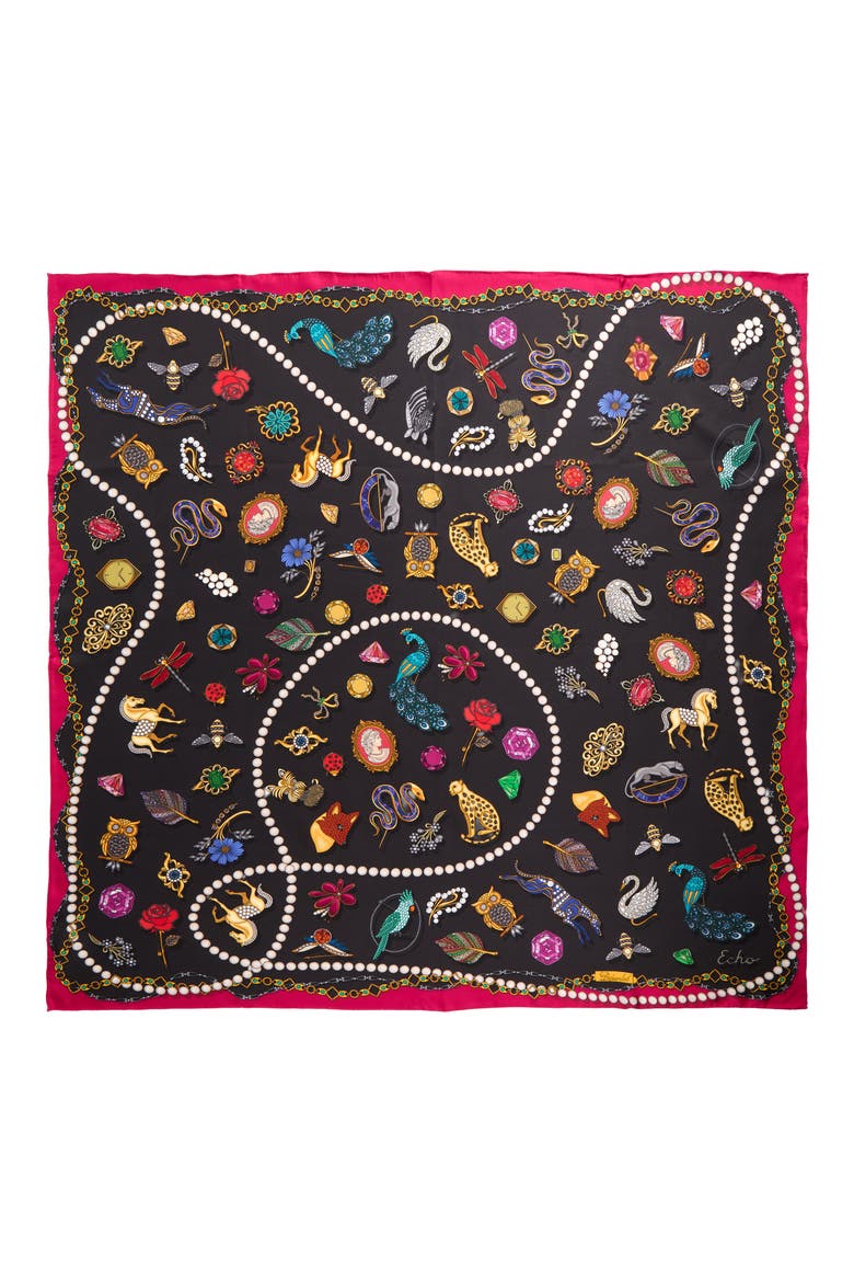 Bejeweled Silk Square Scarf, Alternate, color, BLACK