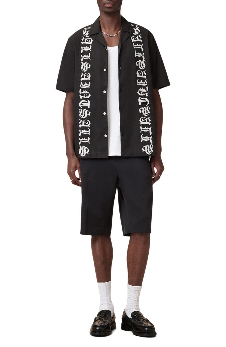 AllSaints Scripture Embroidered Short Sleeve Cotton Button-Up Shirt, Alternate, color, Faded Black