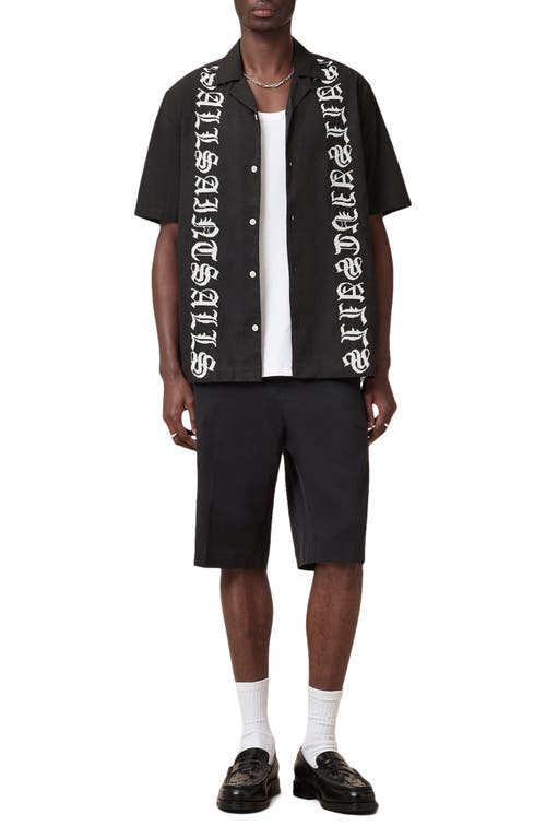 Allsaints Scripture Embroidered Short Sleeve Cotton Button-up Shirt In Black