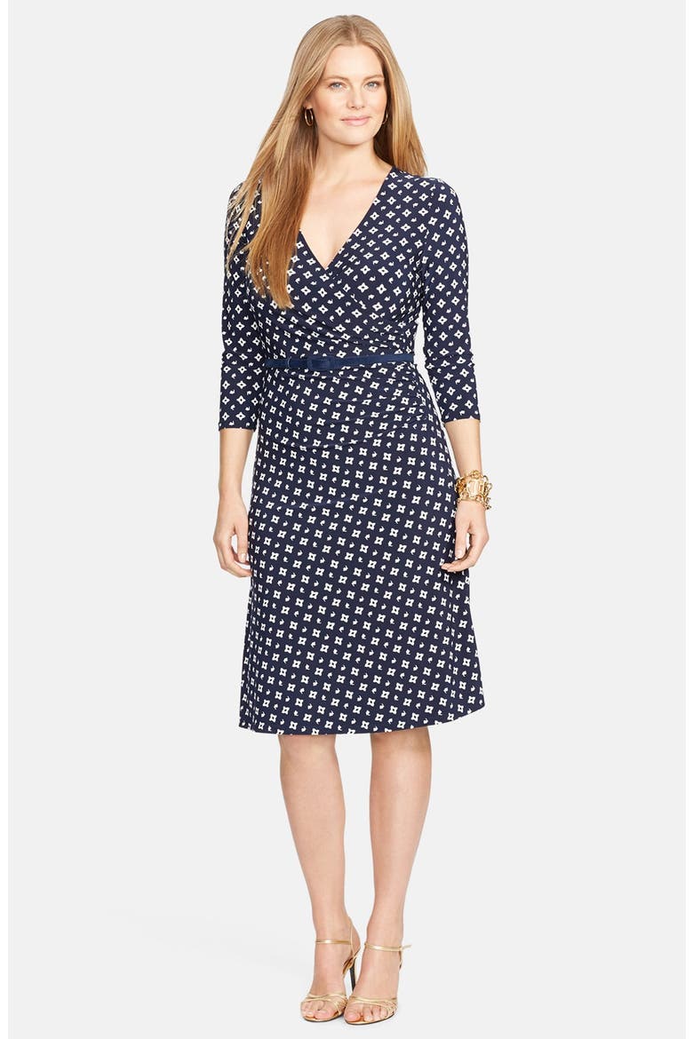 Print Belted Surplice Jersey Dress, Main, color, NAVY/ WHITE