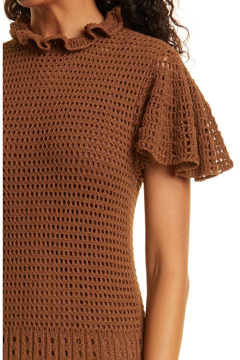 Flounce Sleeve Cotton Blend Crochet Maxi Dress, Alternate, color, CHOCOLATE