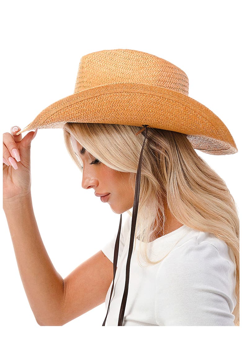 Straw & Vegan Leather Cowboy Hat, Main, color, BROWN