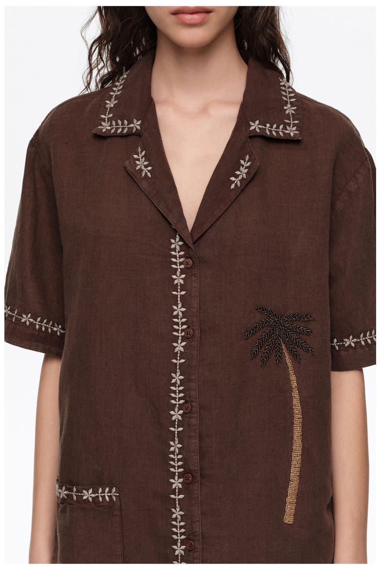 Linen Palm Tree Embroidered Shirt, Alternate, color, BROWN