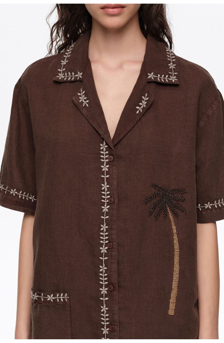 Bimba y Lola Linen Palm Tree Embroidered Shirt, Alternate, color, Brown