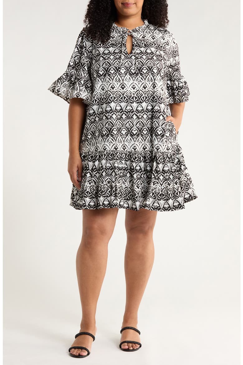 La Palma Floral Auggie Cotton Dress, Main, color, BLACK-WHITE