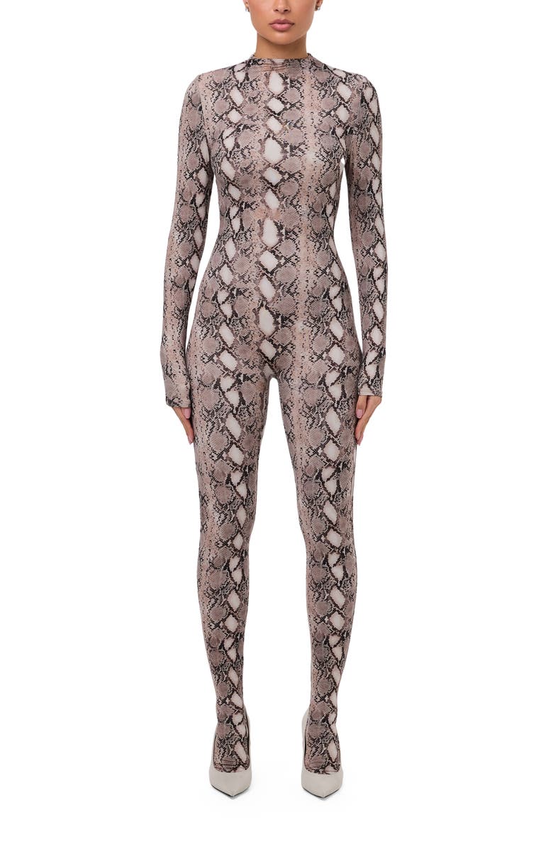 Naked Wardrobe Animal Print Closed Toe Jumpsuit, Main, color, Grey Snakeskin