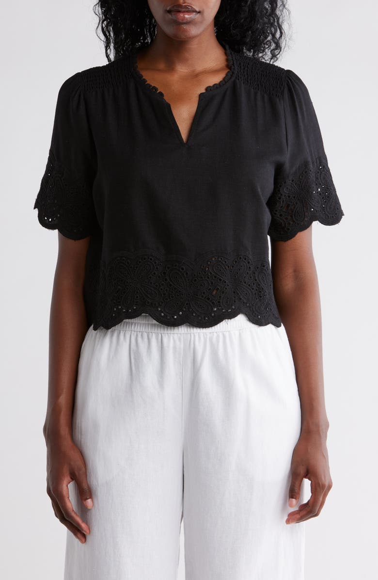 Ellen Tracy Embroidered Eyelet Short Sleeve Popover Top, Main, color, Black
