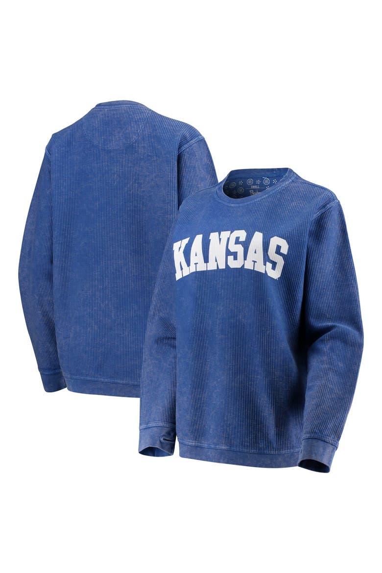 Women's Pressbox Royal Kansas Jayhawks Comfy Cord Vintage Wash Basic Arch Pullover Sweatshirt, Main, color, Royal