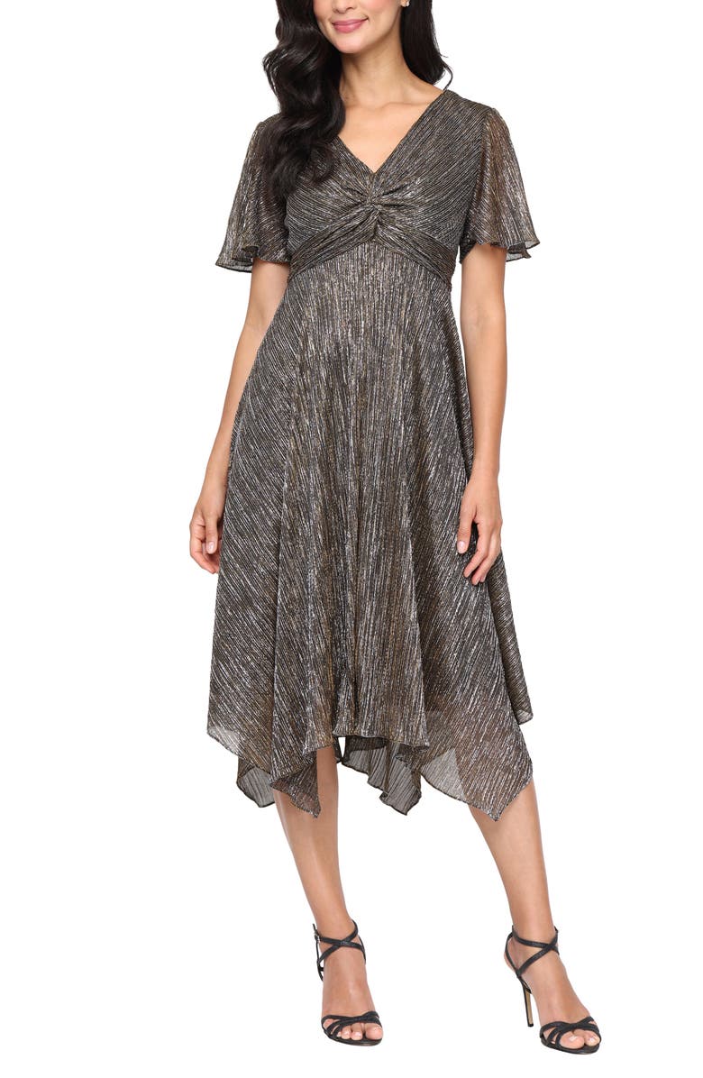 SL FASHIONS Knot Front Metallic Midi Cocktail Dress, Main, color, Black Gold