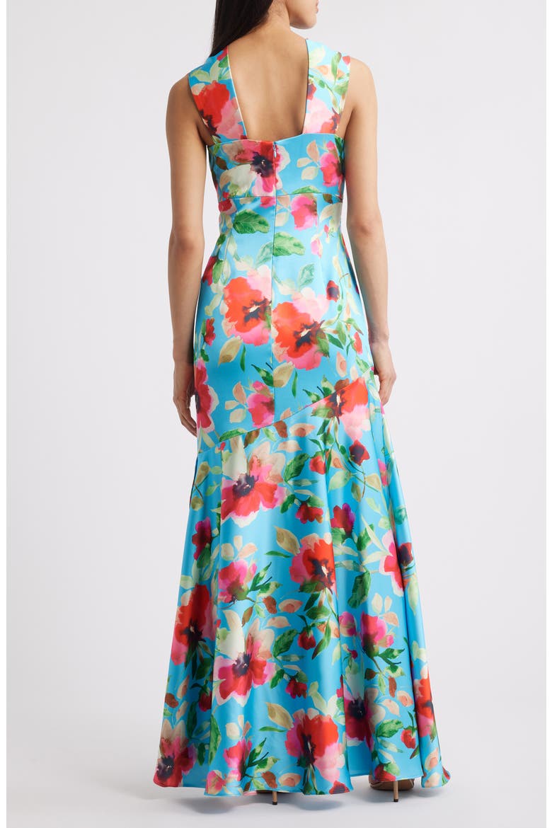 Floral Print Twist Neck Gown, Alternate, color, AQUA