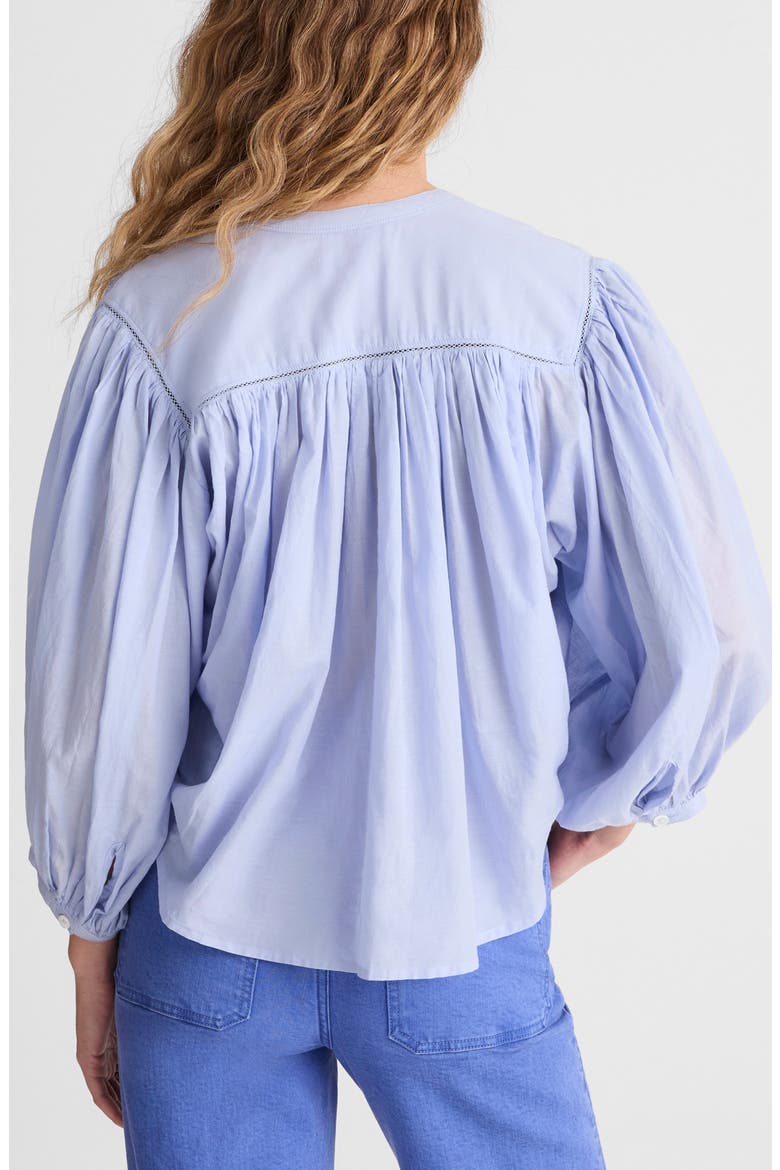Shirred Crewneck Button-Up Top, Alternate, color, TRANQUIL BLUE