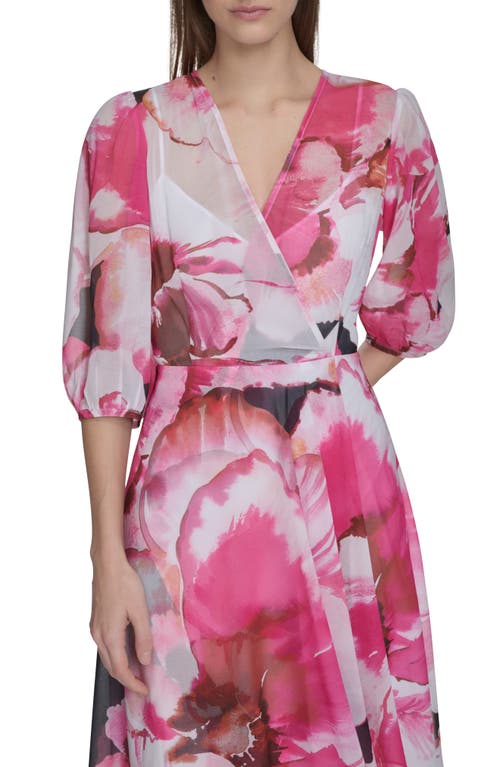 Calvin Klein Floral Chiffon Faux Wrap Midi Dress In Hibiscus Multi