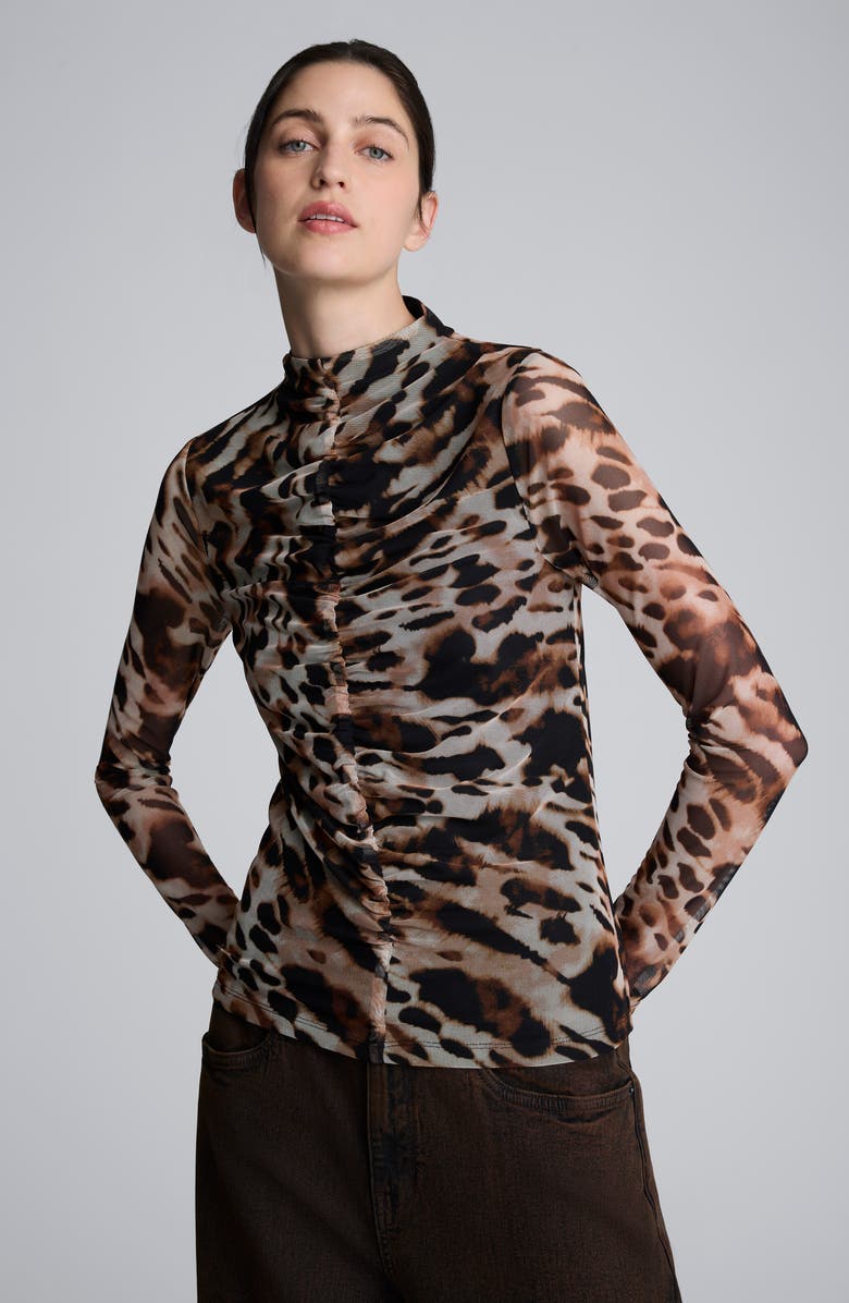 Kenneth Cole Ruched Mesh Funnel Neck Top, Alternate, color, Black Multi