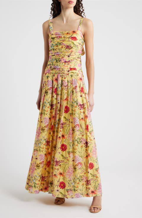 Pleated Floral Print Sleeveless Gown
