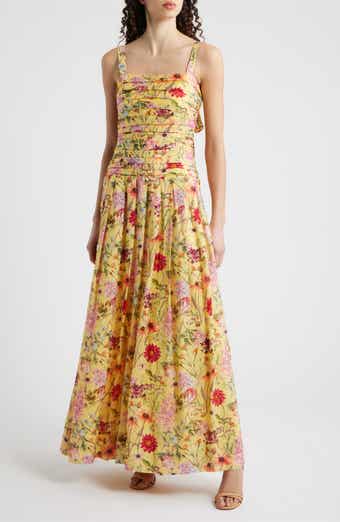 Pleated Floral Print Sleeveless Gown