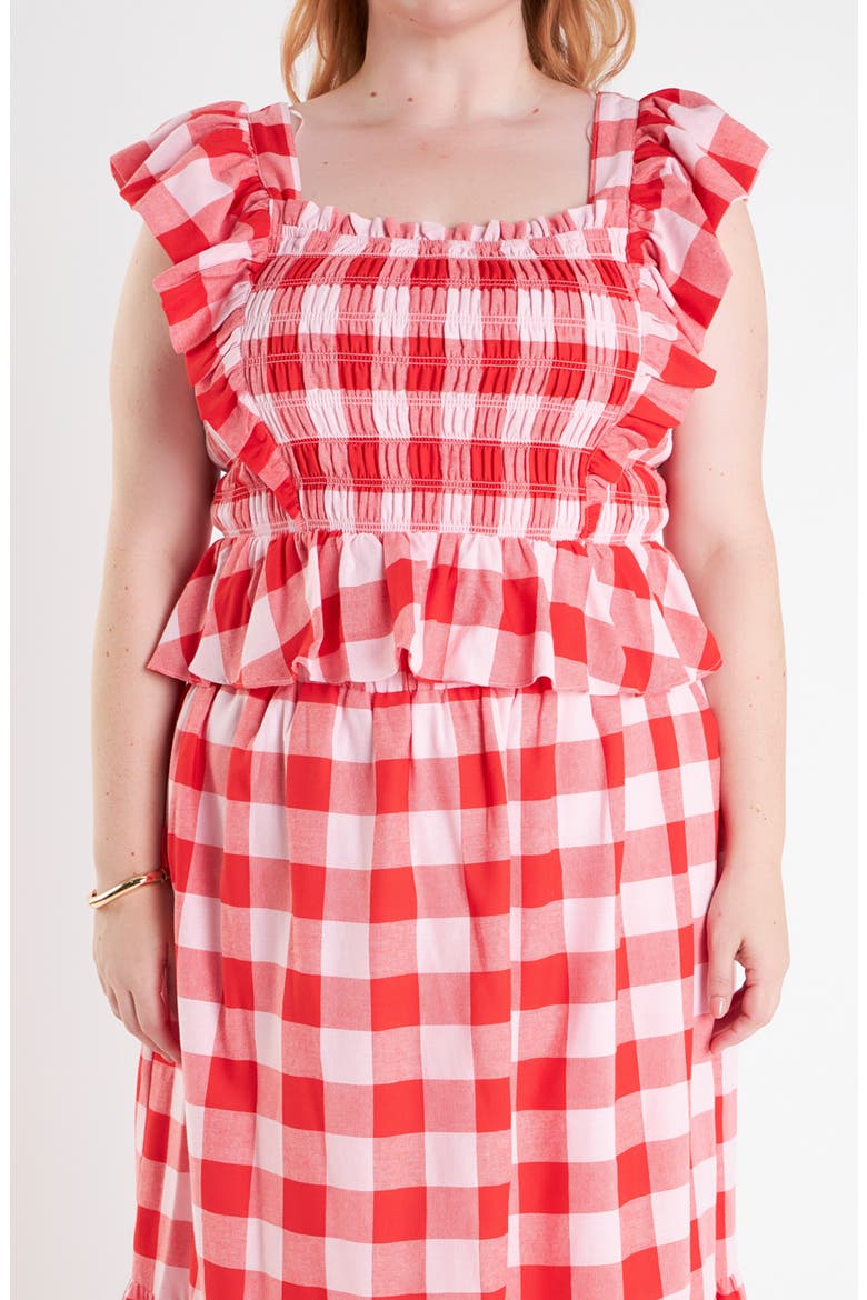 Gingham Smocked Ruffle Crop Top, Alternate, color, PINK/ RED