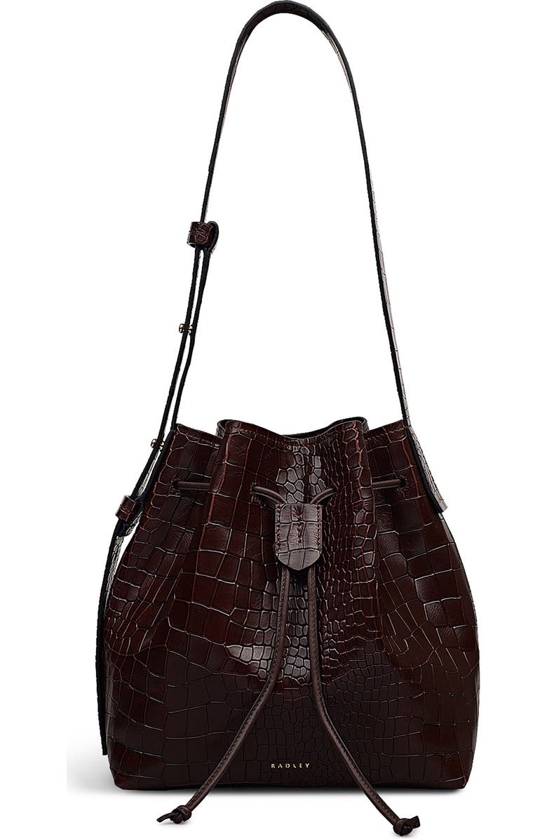 Radley Water Resistant Croc Embossed Faux Leather Bucket Bag, Main, color, Dark Oak
