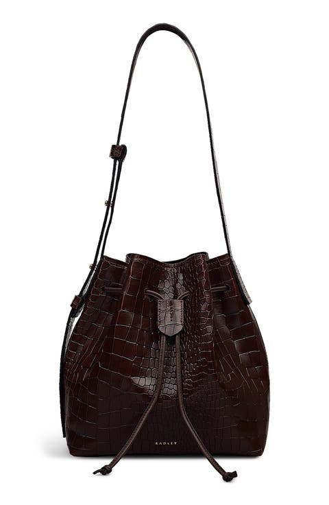 Water Resistant Croc Embossed Faux Leather Bucket Bag