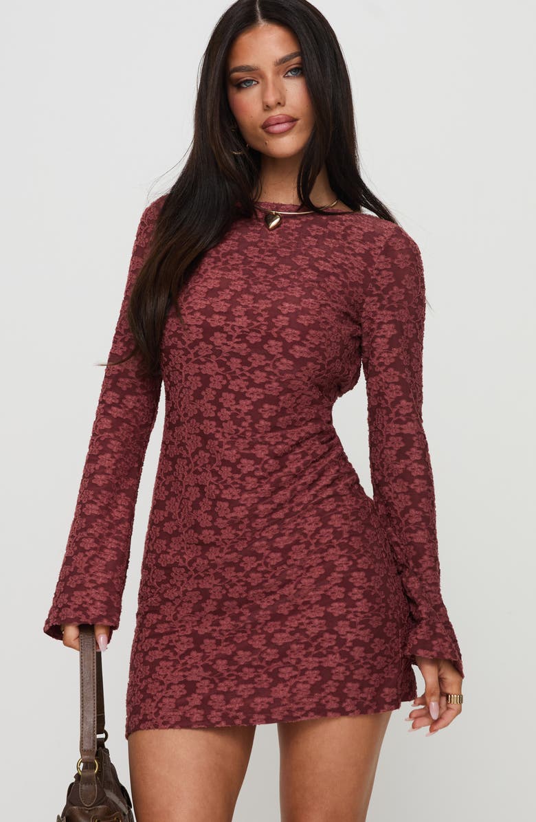 Princess Polly Primrosa Long Sleeve Minidress, Alternate, color, Burgundy