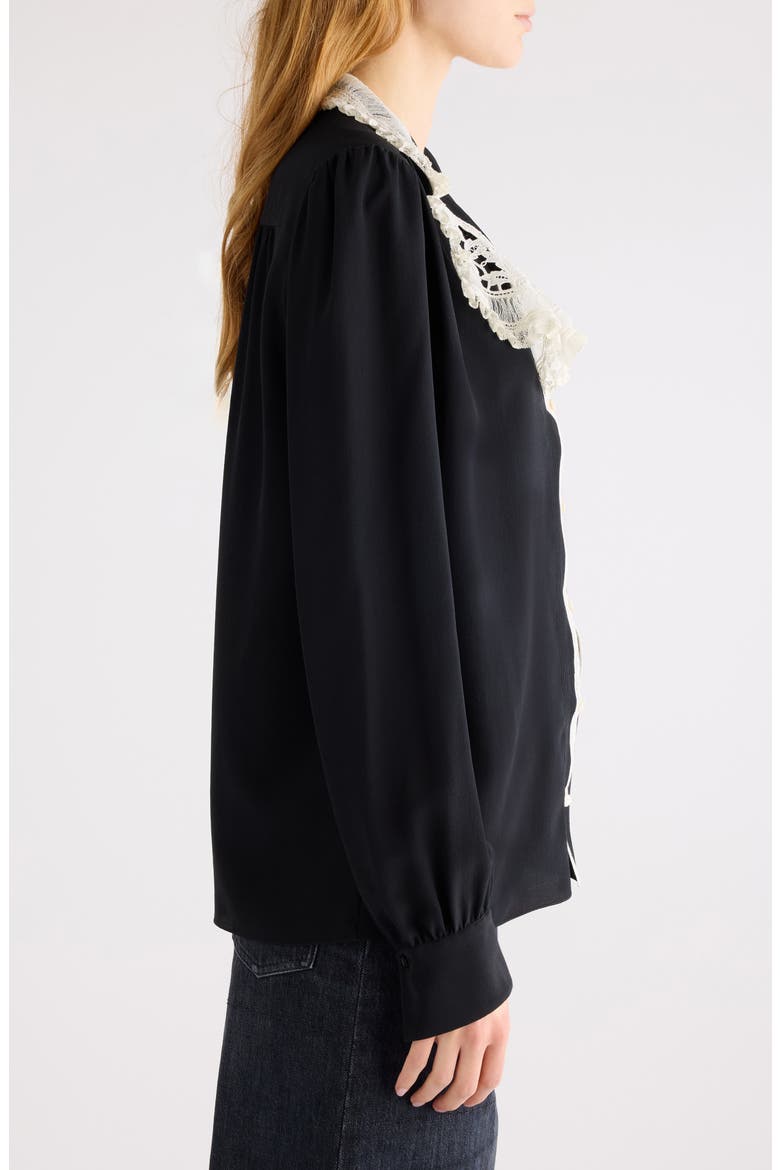 Silk Crêpe de Chine & Lace Ruffle Collar Button-Up Shirt, Alternate, color, BLACK