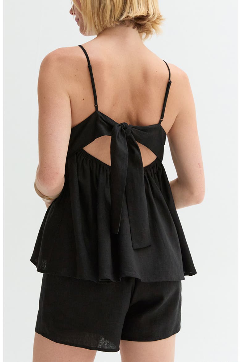 Tie Back Babydoll Linen Blend Top, Alternate, color, Black