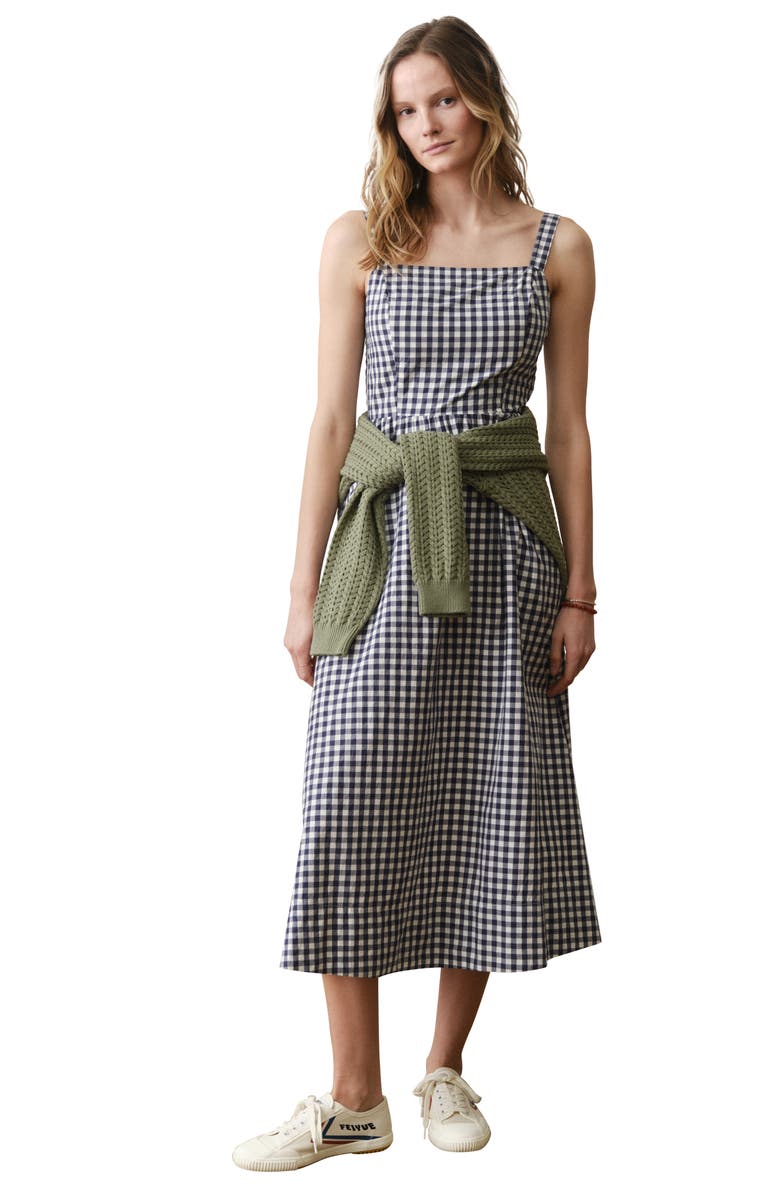 Marine Layer Demi Gingham Pima Cotton Poplin Midi Dress, Alternate, color, Navy Gingham