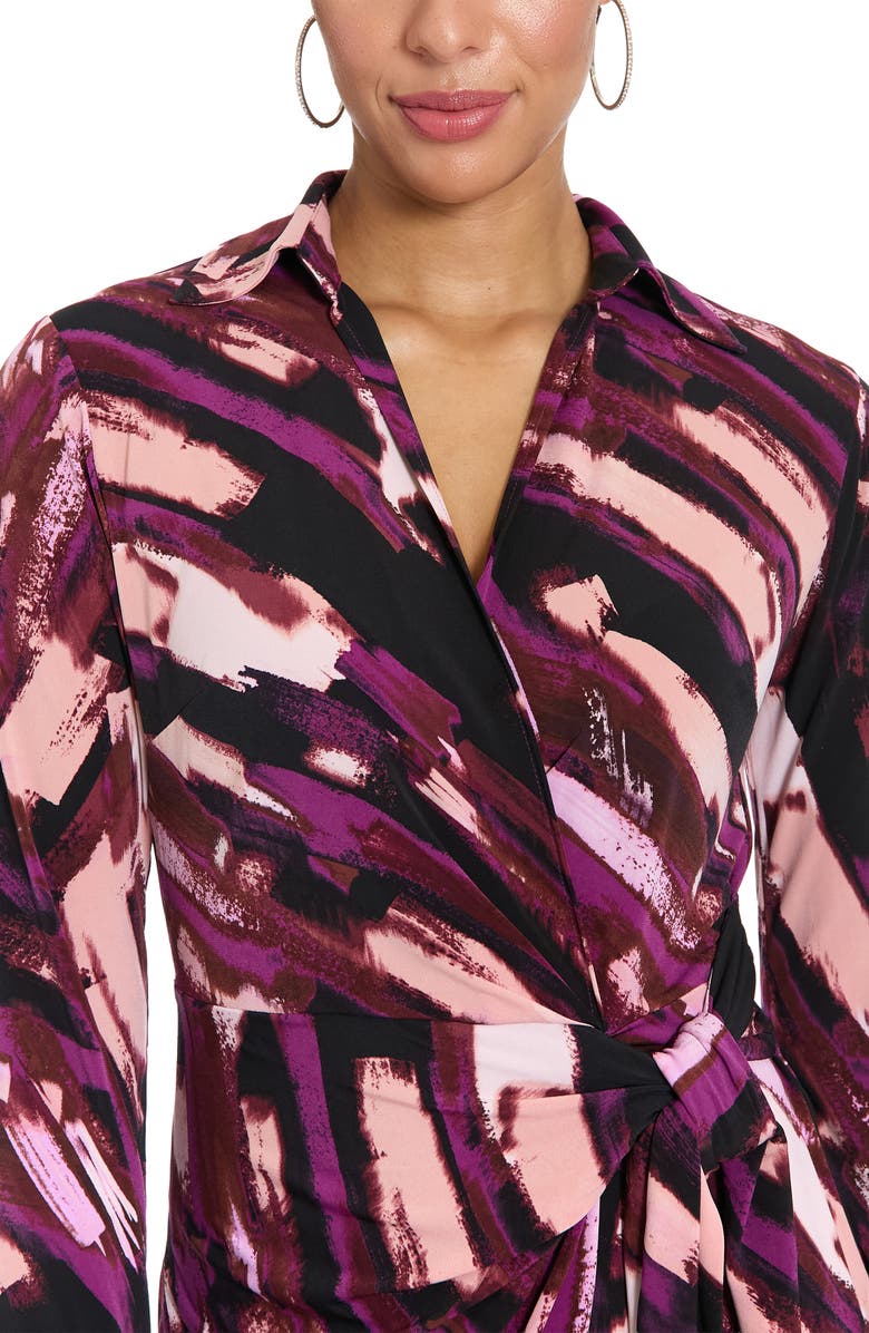 London Times Long Sleeve Faux Wrap Shirtdress, Alternate, color, Magenta/ Rust