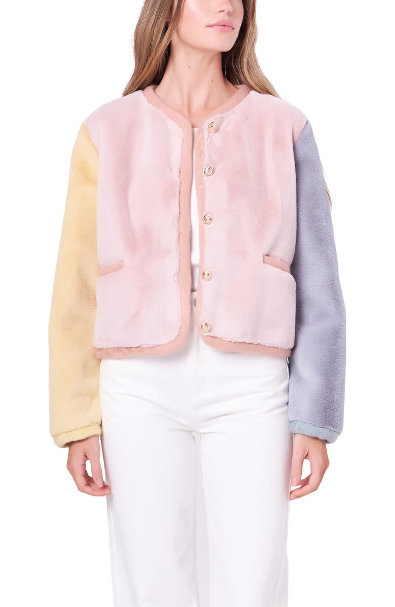 English Factory Colorblock Faux Fur Jacket, Alternate, color, Pink Multi