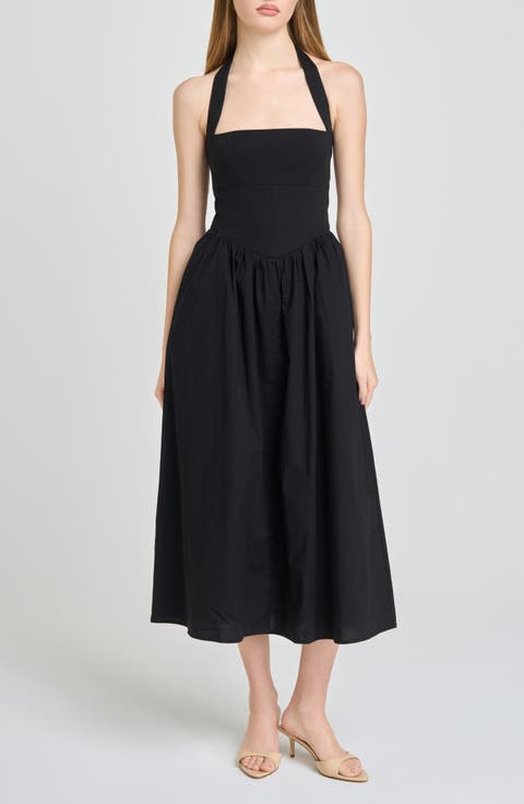 Camellia Halter Neck Stretch Cotton Midi Dress