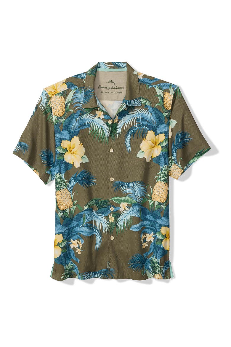 Pineapple Petals Floral Silk Camp Shirt, Main, color, BLUE ASH