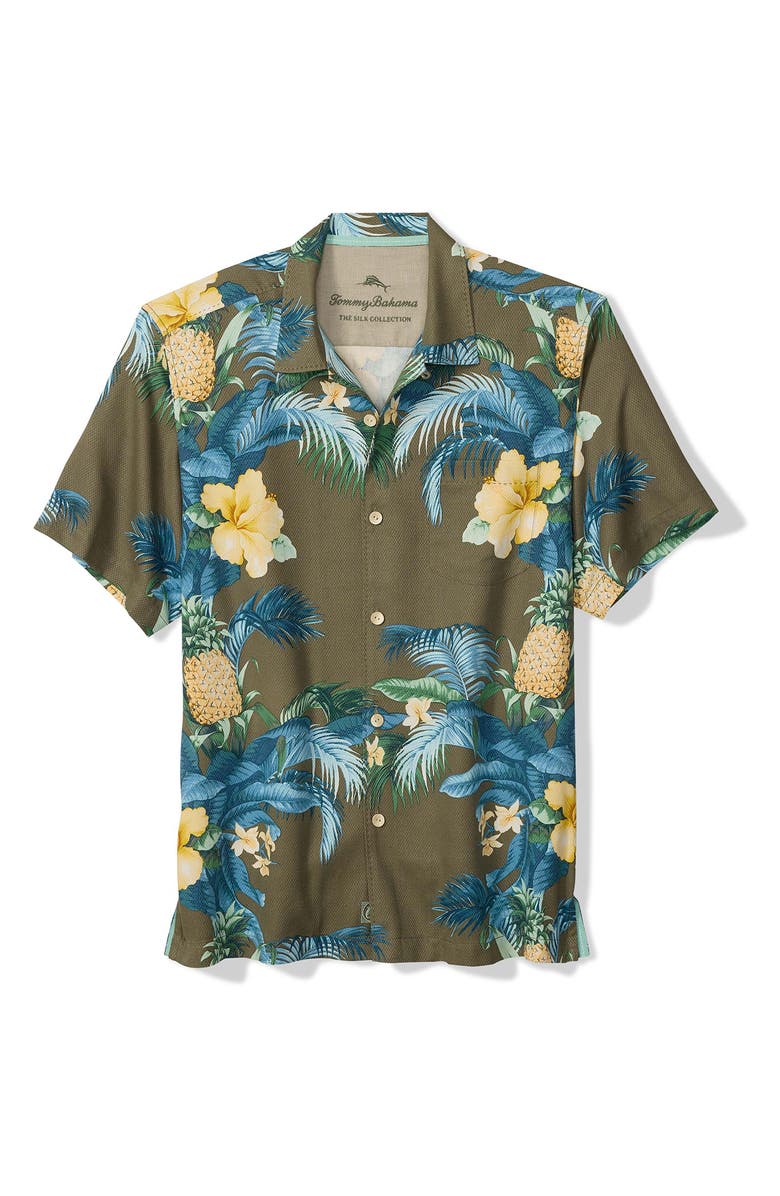 Tommy Bahama Pineapple Petals Floral Silk Camp Shirt, Main, color, Blue Ash