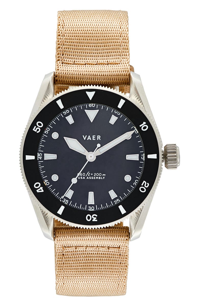 VAER D4 Meridian Black Solar Dive Watch, 38mm, Alternate, color, Black/Strap