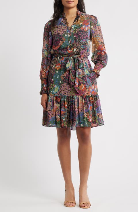 Floral Long Sleeve Chiffon Fit & Flare Dress