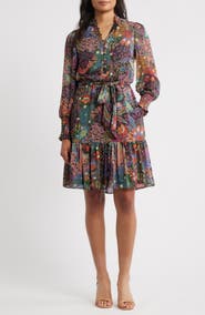 Vince Camuto Floral Long Sleeve Chiffon Fit & Flare Dress