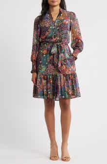 Vince Camuto Floral Long Sleeve Chiffon Fit & Flare Dress