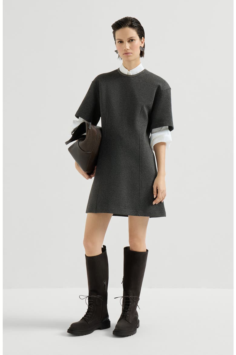 Techno cotton and cashmere interlock t-shirt dress with precious collar, Alternate, color, Anthracite