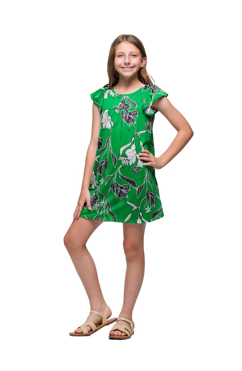 24sevenKid Green Floral Print Cap Sleeve Babydoll Dress, Main, color, Green Multi