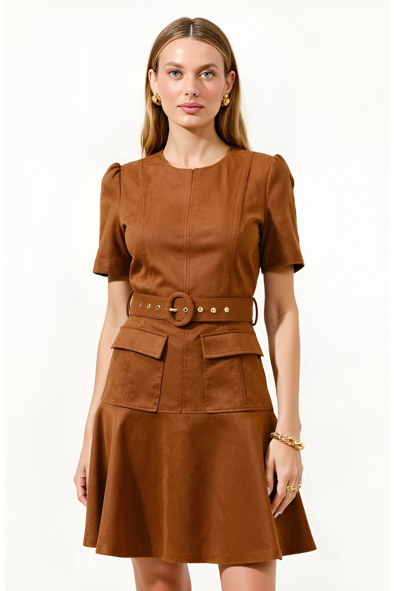 Short Sleeve Mini Dress with Belted Waist and Utility Pockets, Alternate, color, Brown