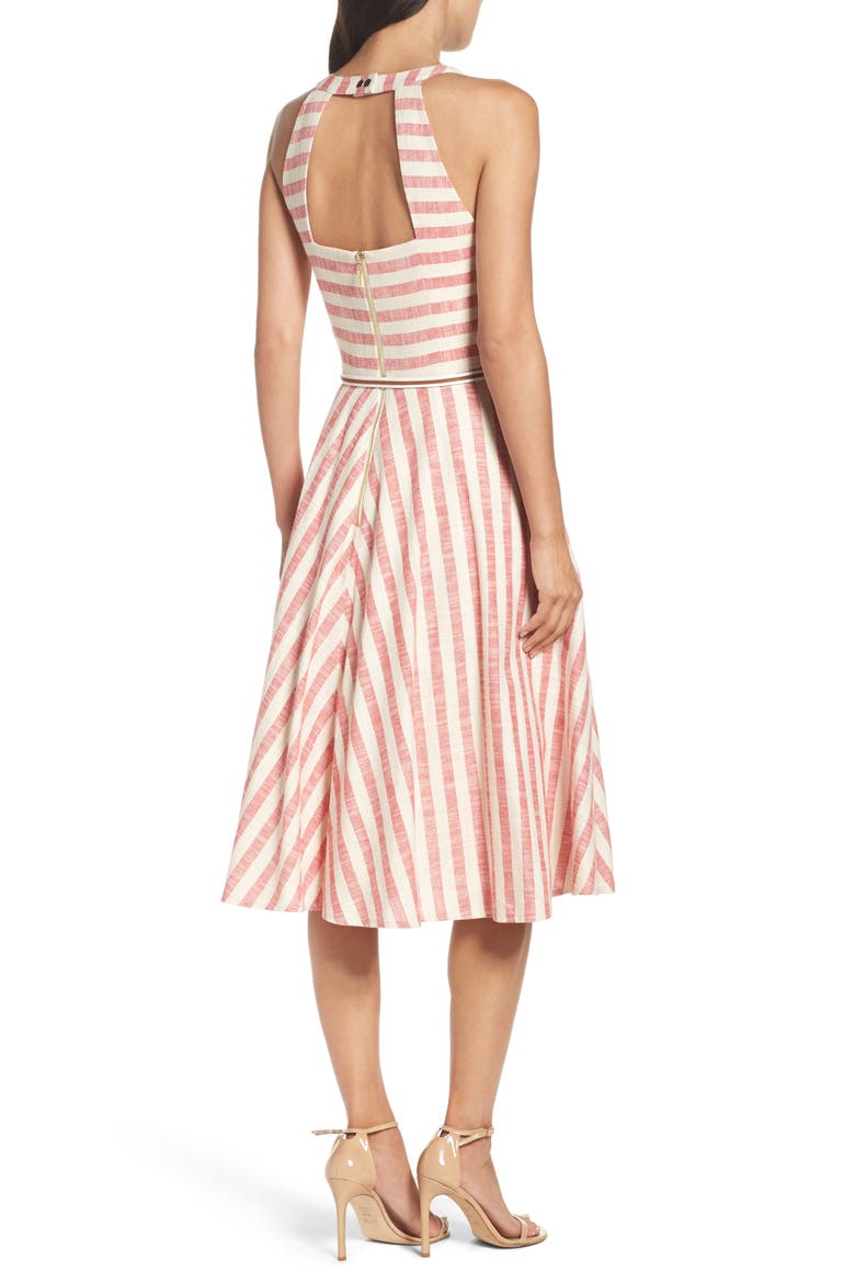 Stripe Fit & Flare Midi Dress, Alternate, color, RED/ BEIGE