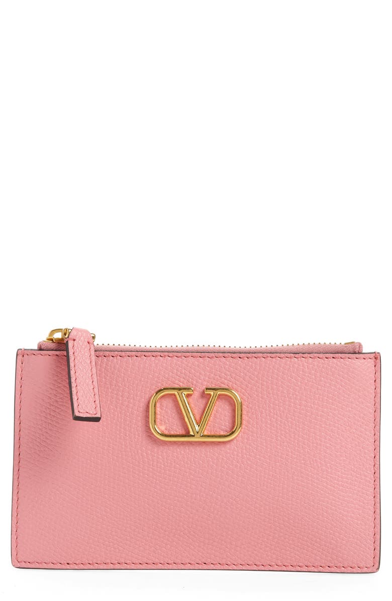 Valentino Garavani VLOGO Leather Zip Card Holder, Main, color,