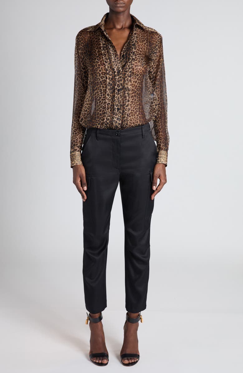 TOM FORD Leopard Print Silk Chiffon & Crepe Shirt, Alternate, color, Leopard Brown/ Black