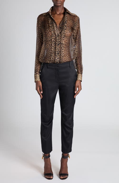 Tom Ford Leopard Print Silk Chiffon & Crepe Shirt In Brown