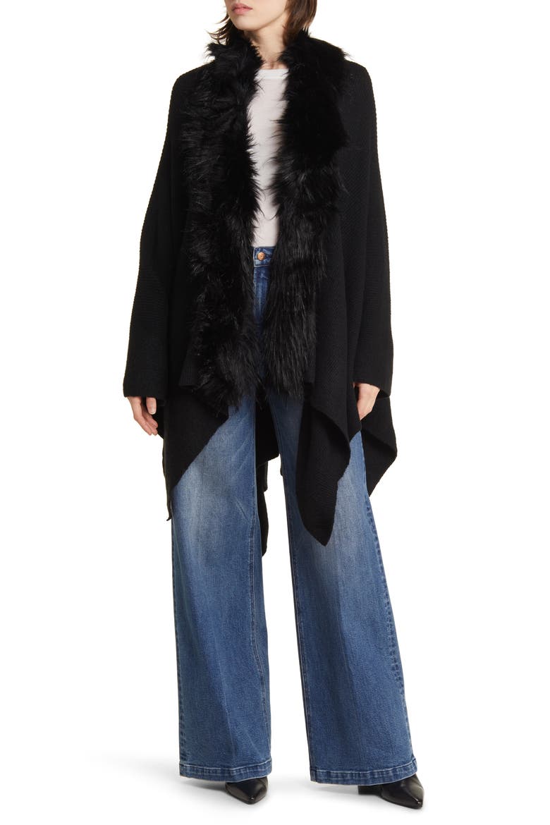 Ruana With Faux Fur Trim, Main, color, BLACK
