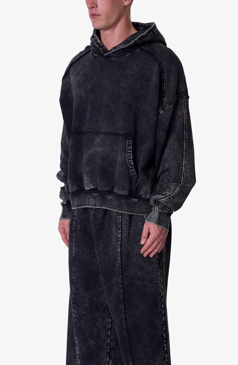 mnml Frayed Seam Acid Wash Cotton Fleece Hoodie, Alternate, color, Black
