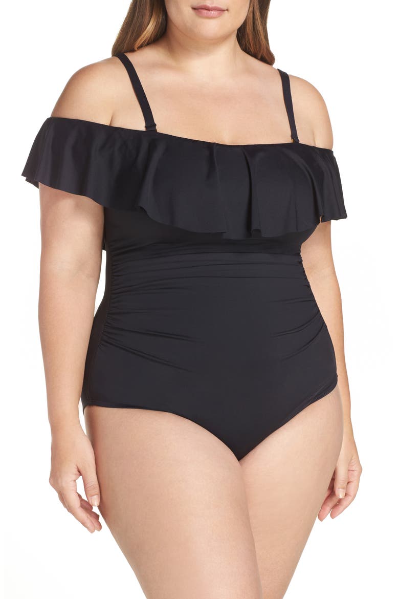 Off the Shoulder One-Piece Swimsuit, Alternate, color, BLACK