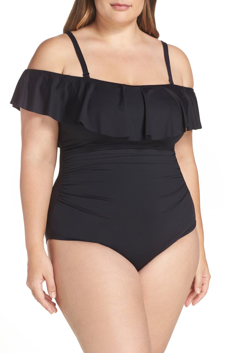 La Blanca Off the Shoulder One-Piece Swimsuit, Alternate, color, Black