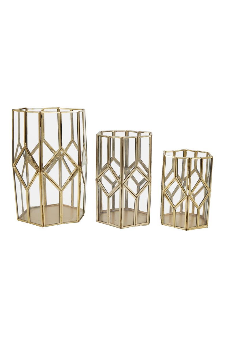 Set of 3 Modern Metal Lantern Candle Holders, Alternate, color, GOLD