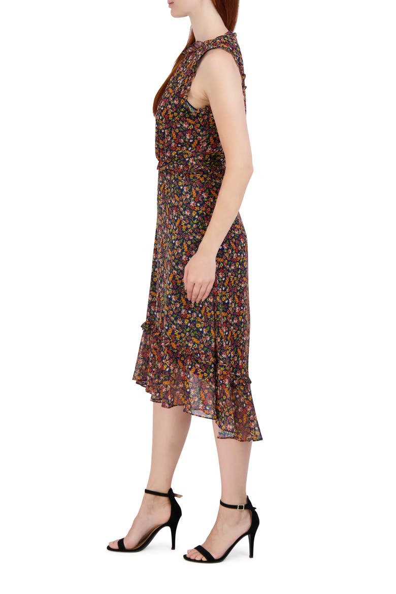 Floral Ruffle Trim Sleeveless Midi Dress, Alternate, color, NAVY MULTI