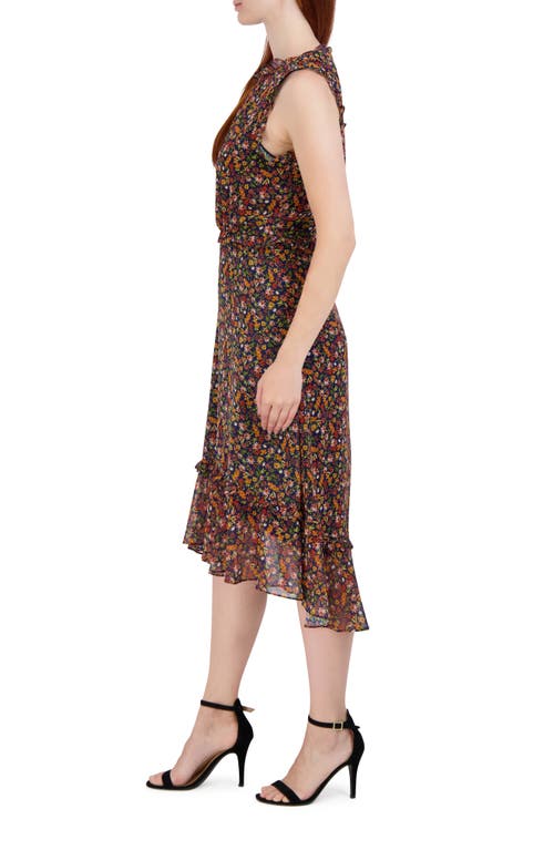 Julia Jordan Floral Ruffle Trim Sleeveless Midi Dress In Brown