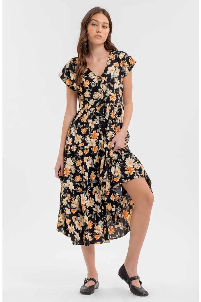 Floral Button-Up Midi Dress, Alternate, color, BLACK MULTI